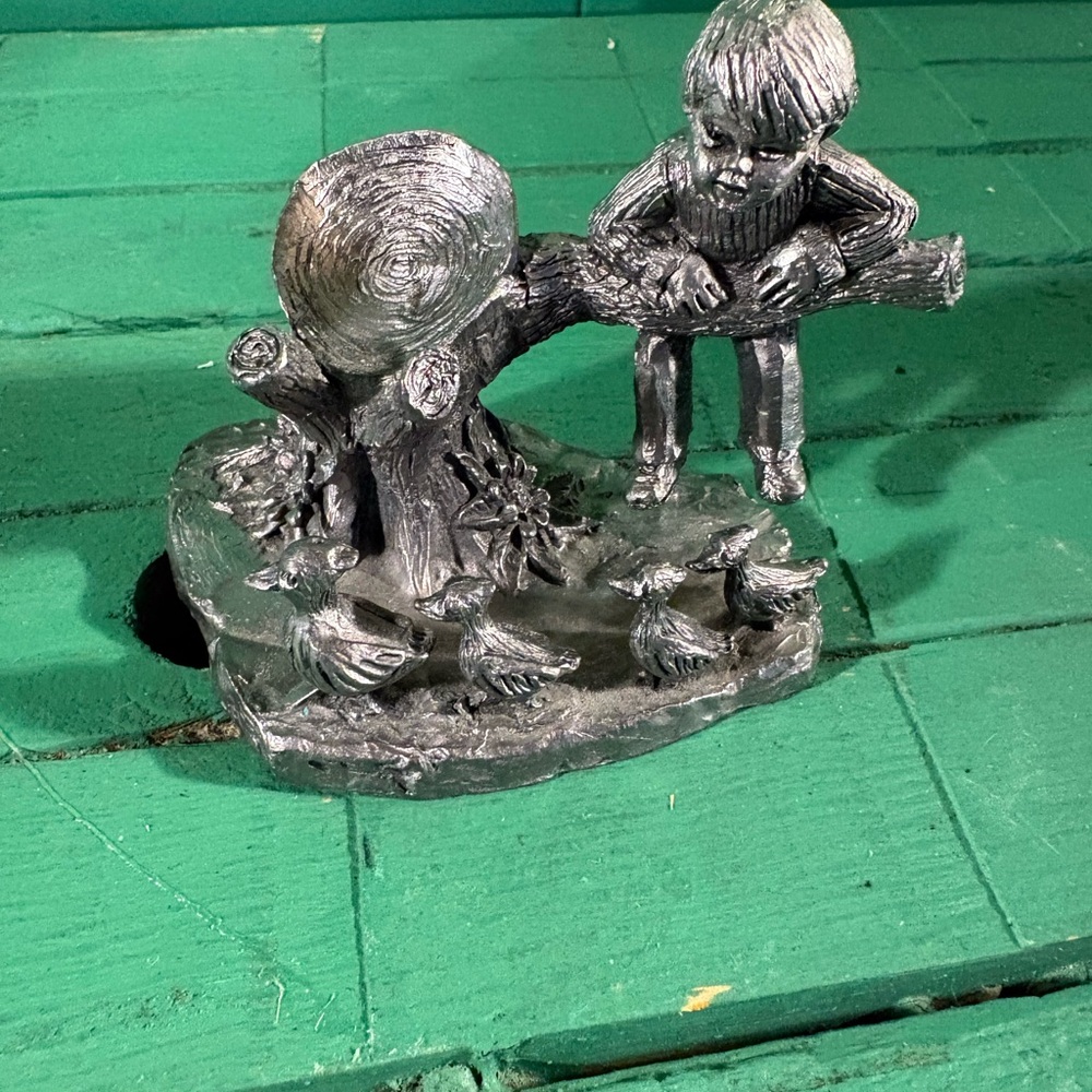 Charming Silver Sculpture with Child and Ducks by Michael A Ricker Old English
